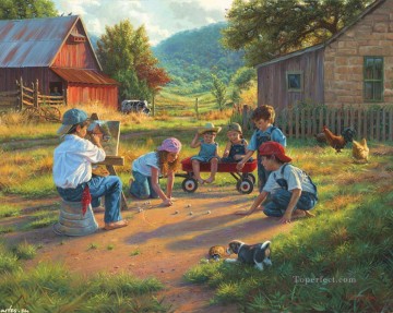Mascotas y niños Painting - Niños jugando en casa de campo con cachorro vaca pollo mascota niños